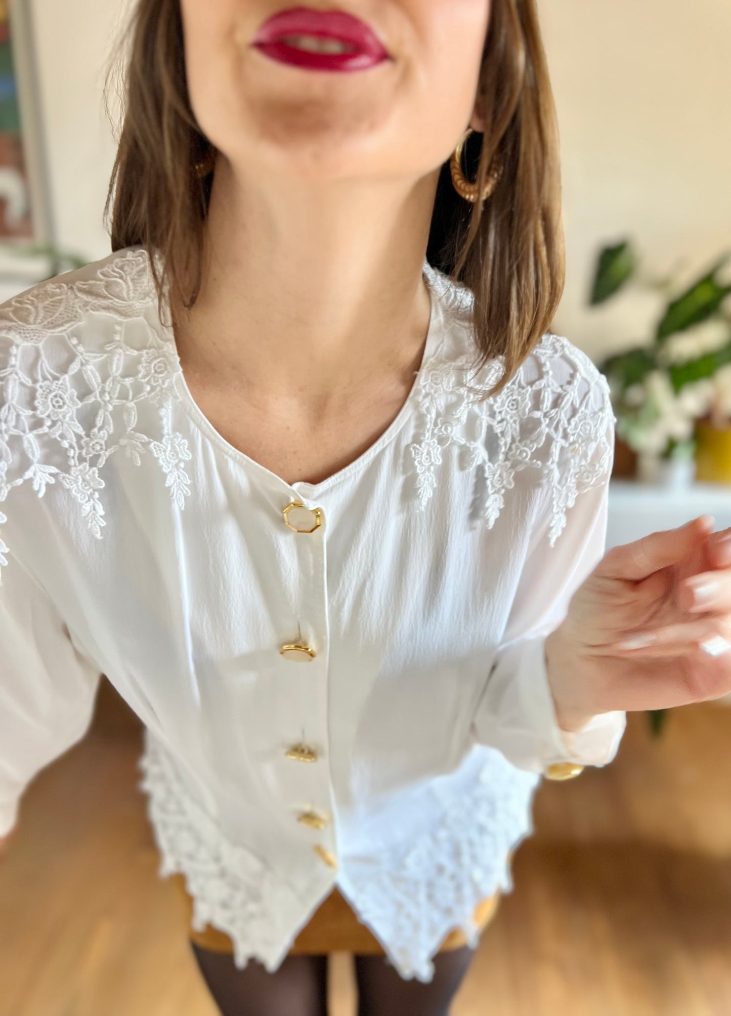 1980's vintage oversize white blouse with crocheted lace details and oversize hexagon buttons