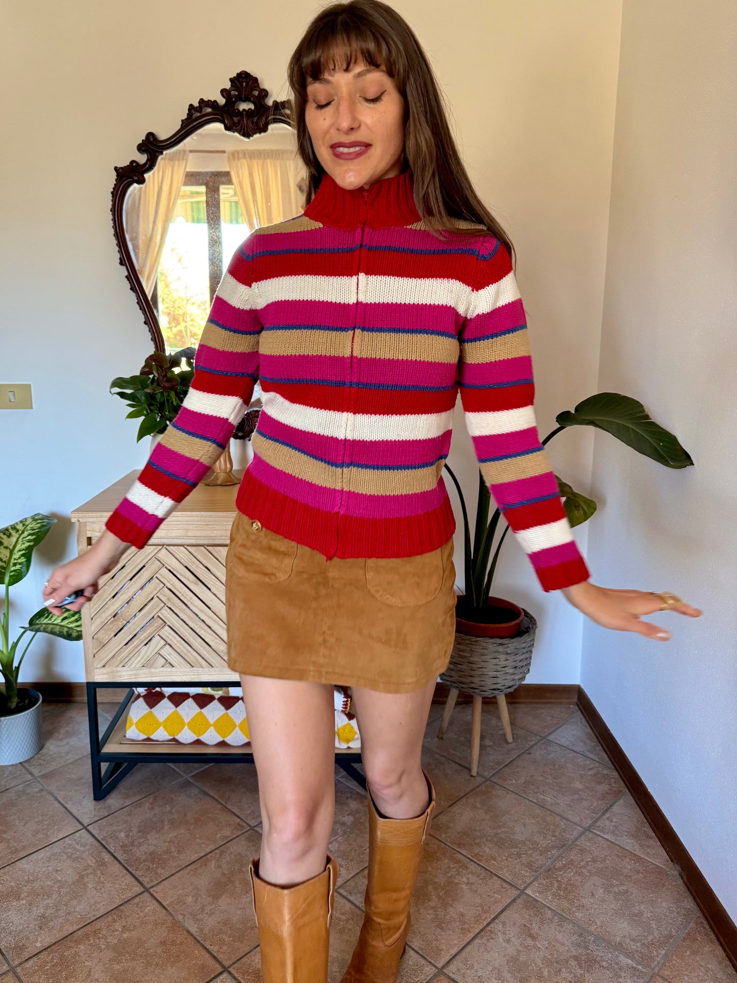 1990's vintage red, pink and blue stripe zip up wool knit cardigan