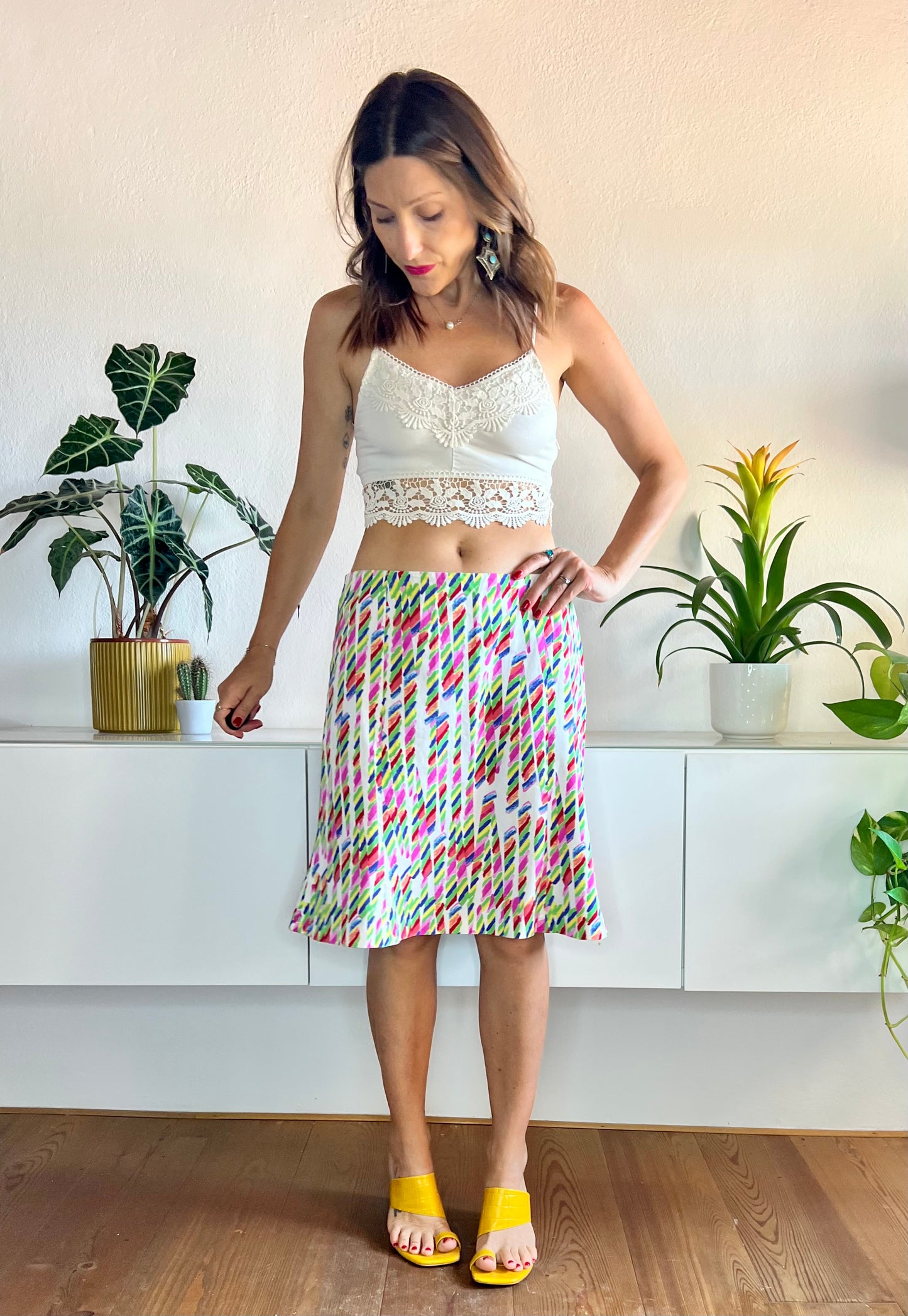 1980's vintage abstract rainbow print tulip skirt