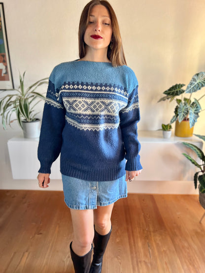 1970's vintage two tone blue fair isle wool pullover