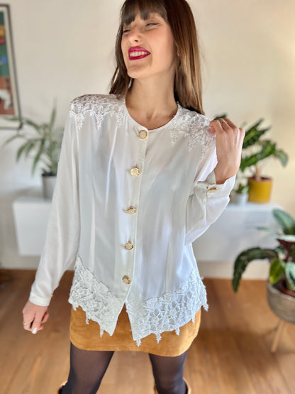 1980's vintage oversize white blouse with crocheted lace details and oversize hexagon buttons