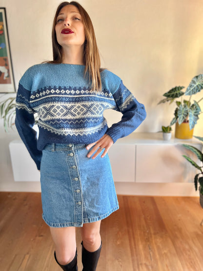 1970's vintage two tone blue fair isle wool pullover