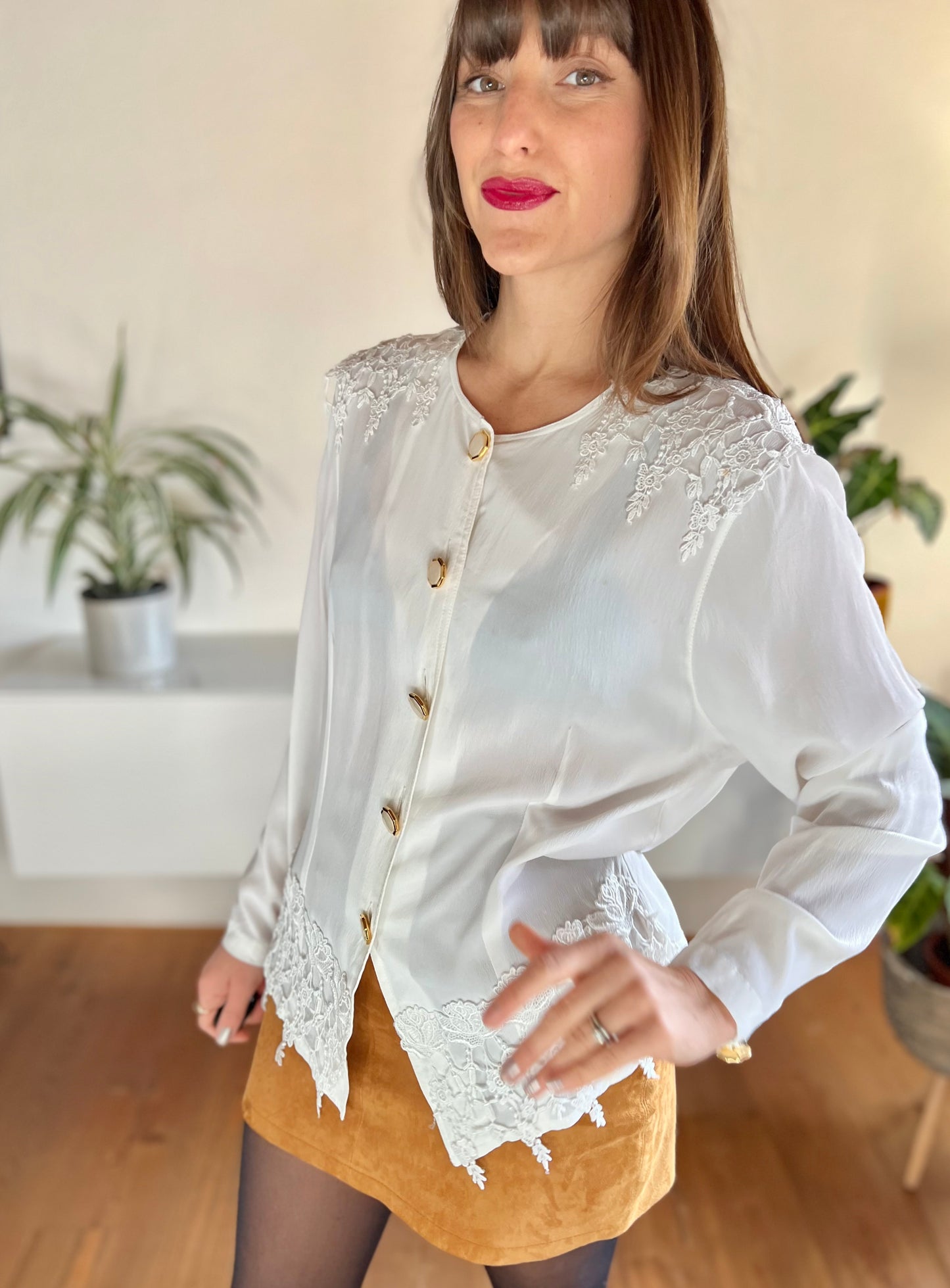 1980's vintage oversize white blouse with crocheted lace details and oversize hexagon buttons