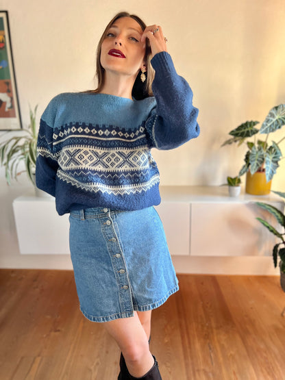 1970's vintage two tone blue fair isle wool pullover