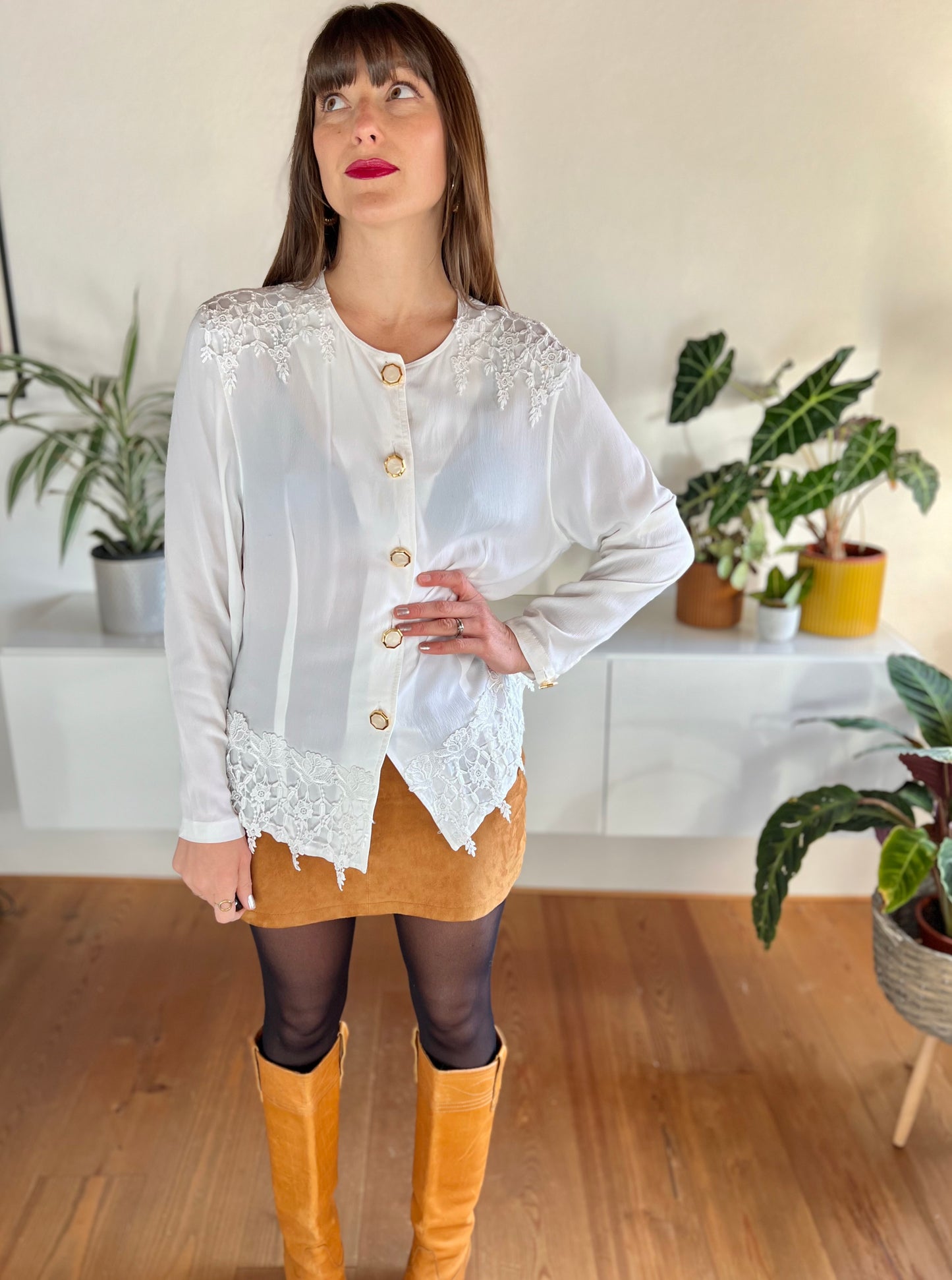 1980's vintage oversize white blouse with crocheted lace details and oversize hexagon buttons