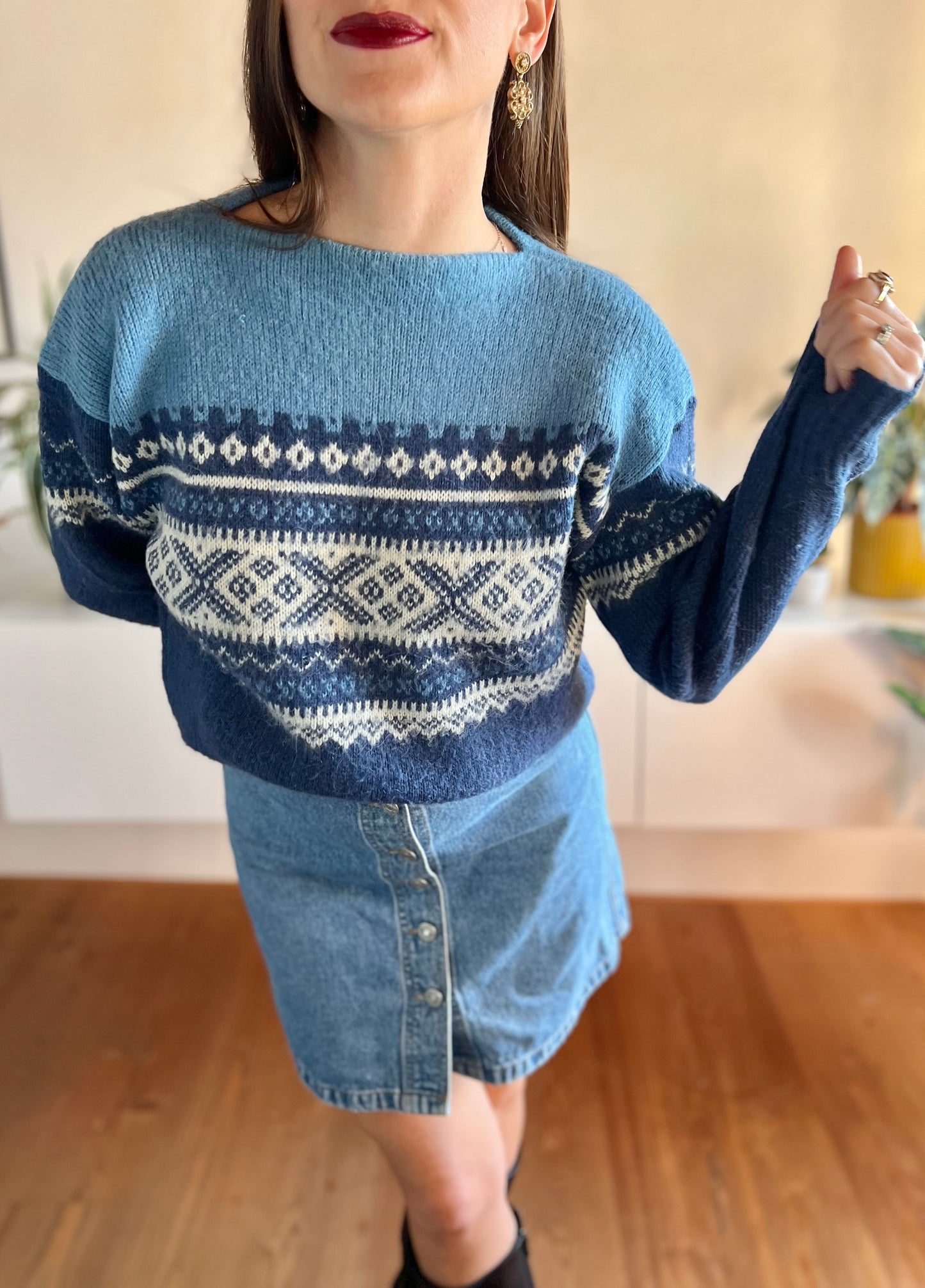 1970's vintage two tone blue fair isle wool pullover