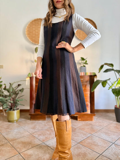 1990's vintage chocolate brown, navy and black stripe wool midi dress