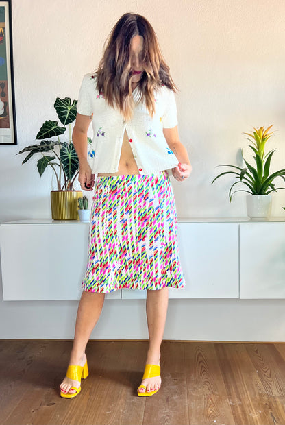 1980's vintage abstract rainbow print tulip skirt