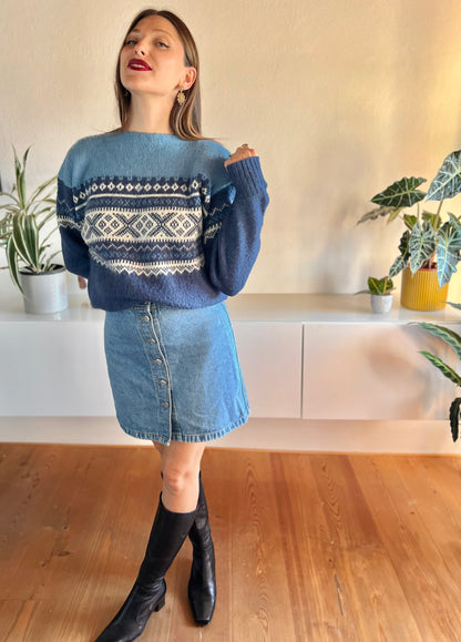 1970's vintage two tone blue fair isle wool pullover