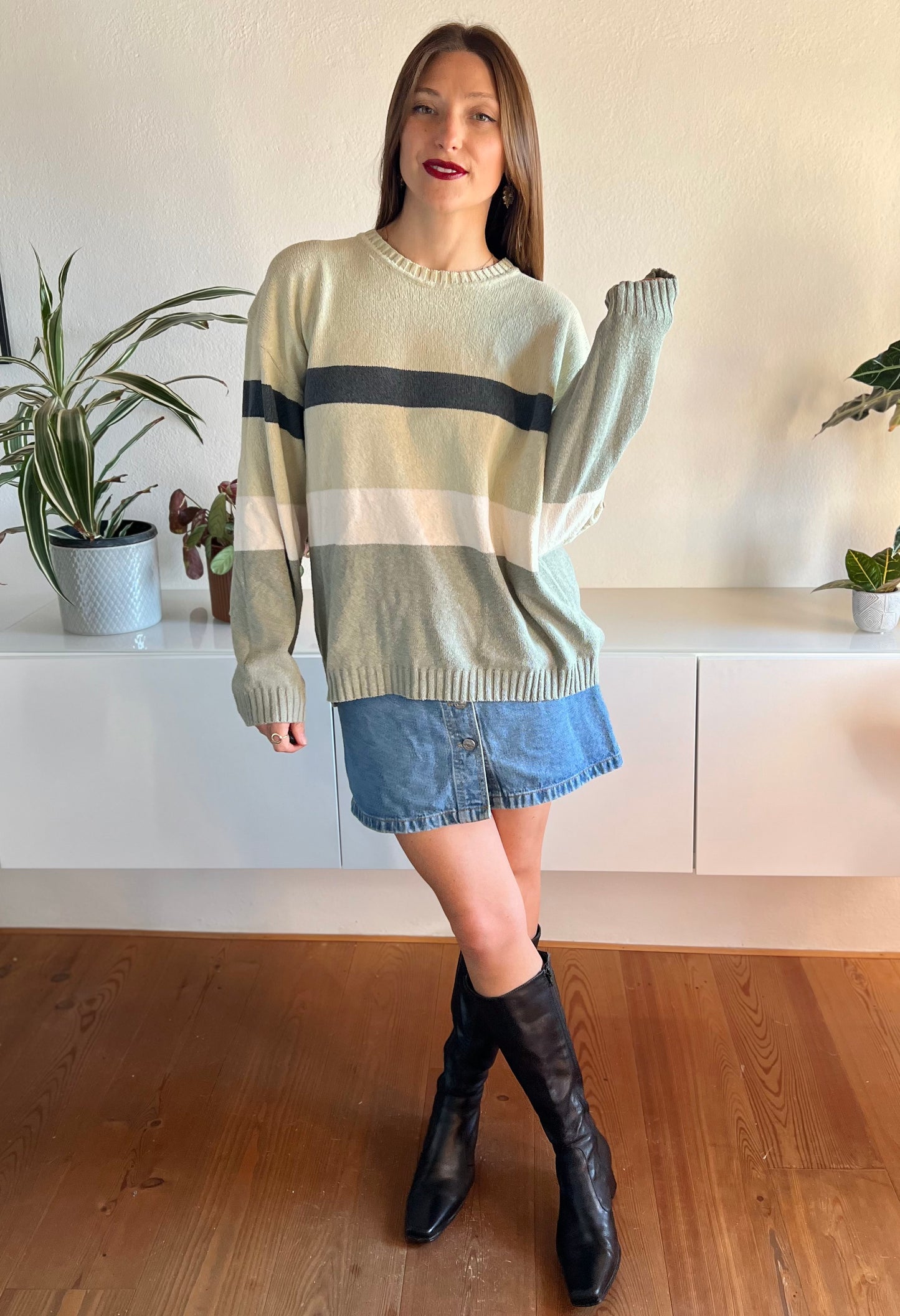 1990's vintage grey and navy stripe knit pullover