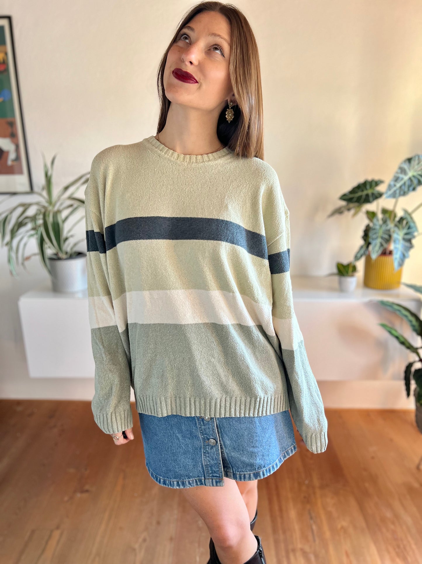 1990's vintage grey and navy stripe knit pullover