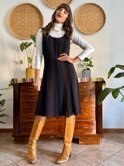 1990's vintage chocolate brown, navy and black stripe wool midi dress