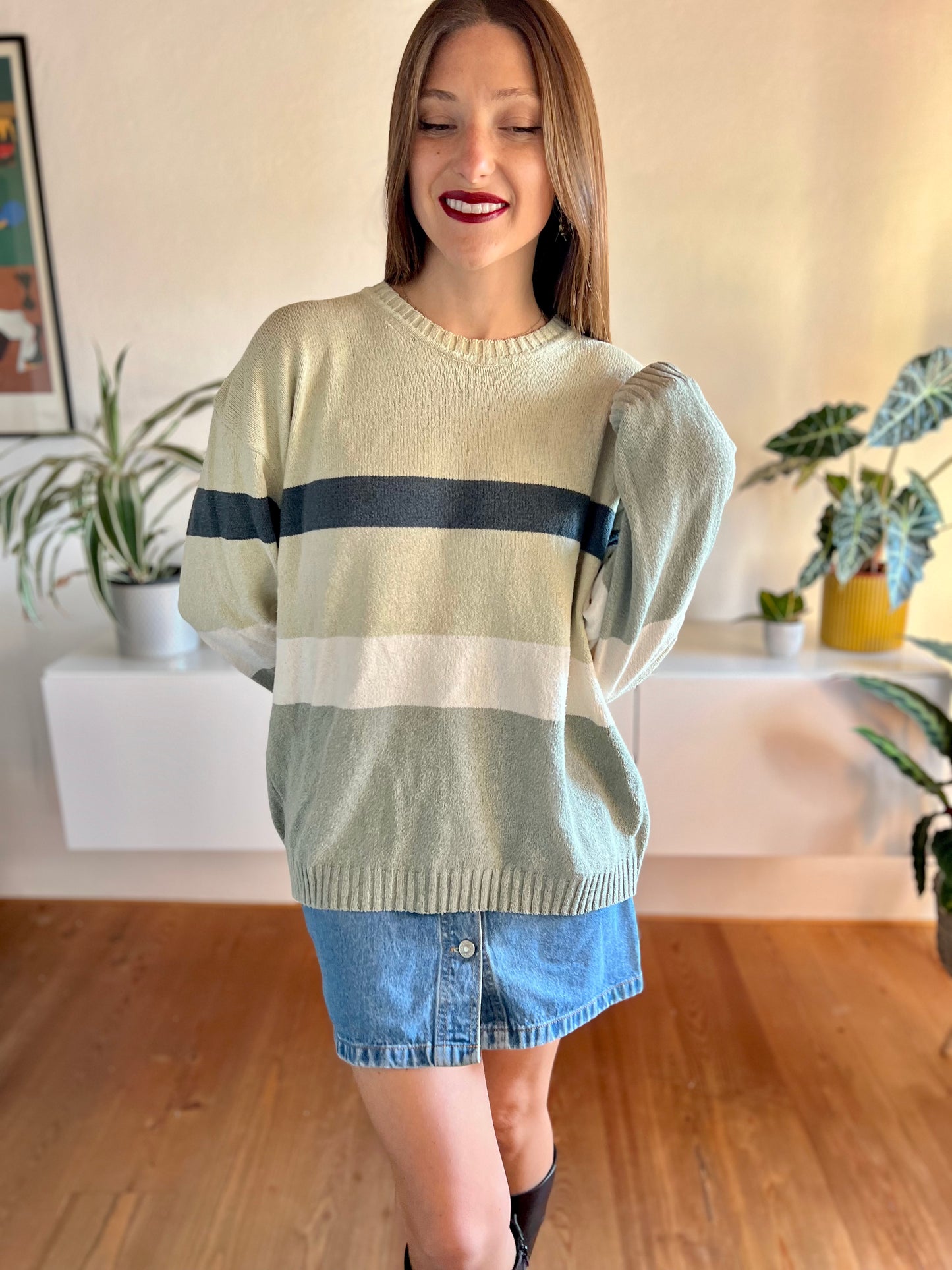 1990's vintage grey and navy stripe knit pullover