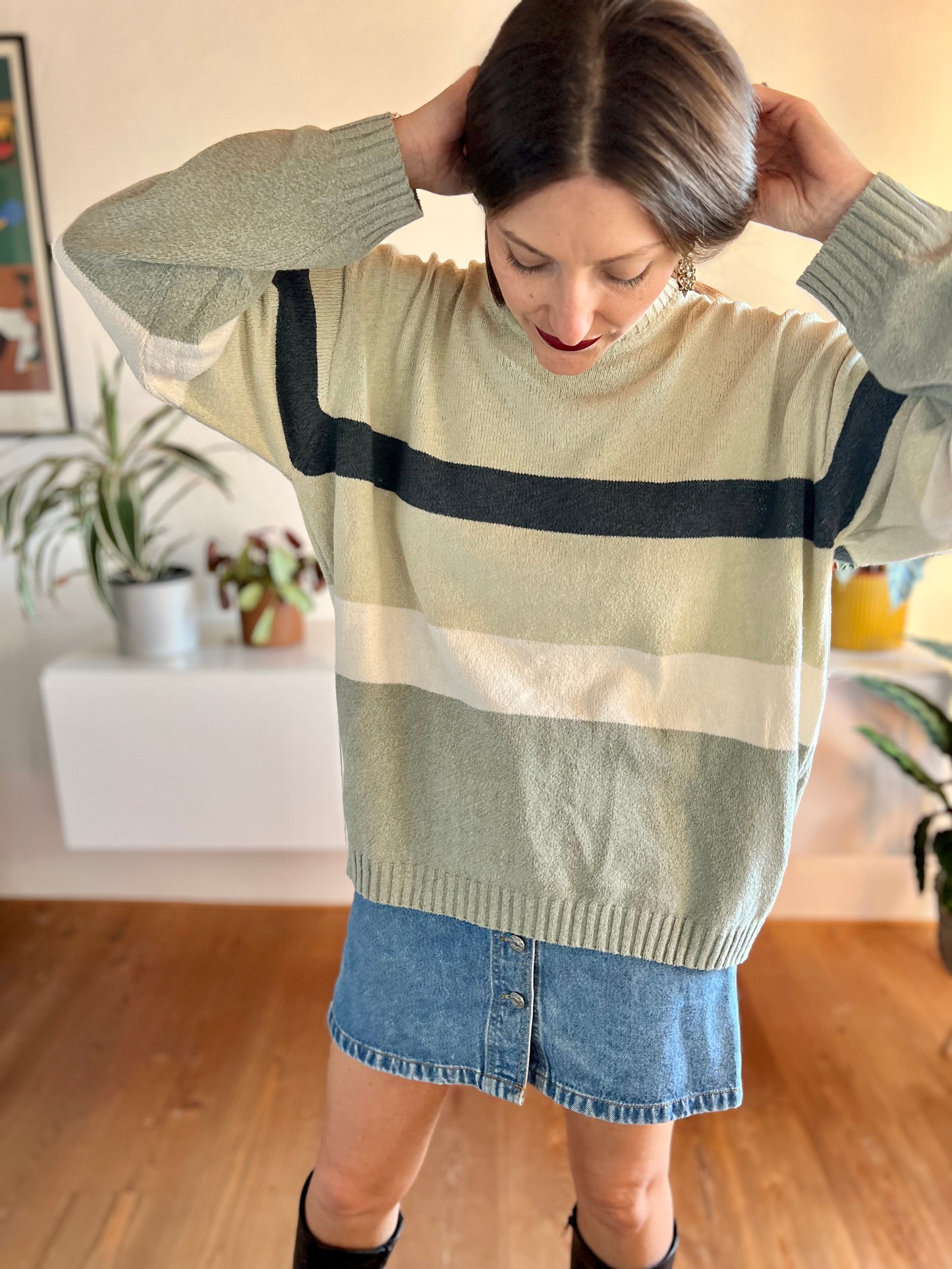 1990's vintage grey and navy stripe knit pullover