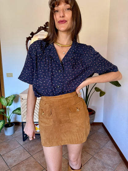 1970's vintage navy blue silk blouse with pink and tan abstract line print