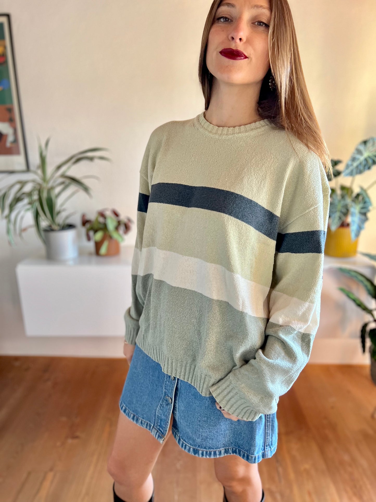 1990's vintage grey and navy stripe knit pullover