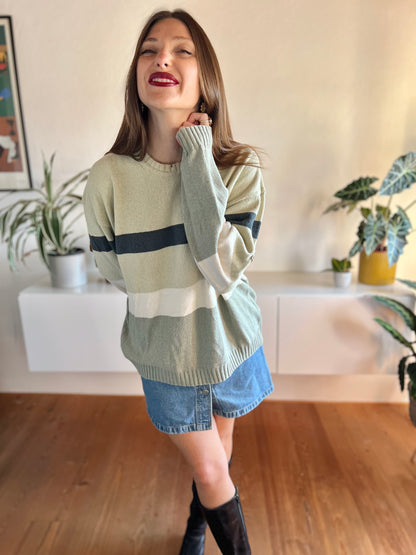 1990's vintage grey and navy stripe knit pullover