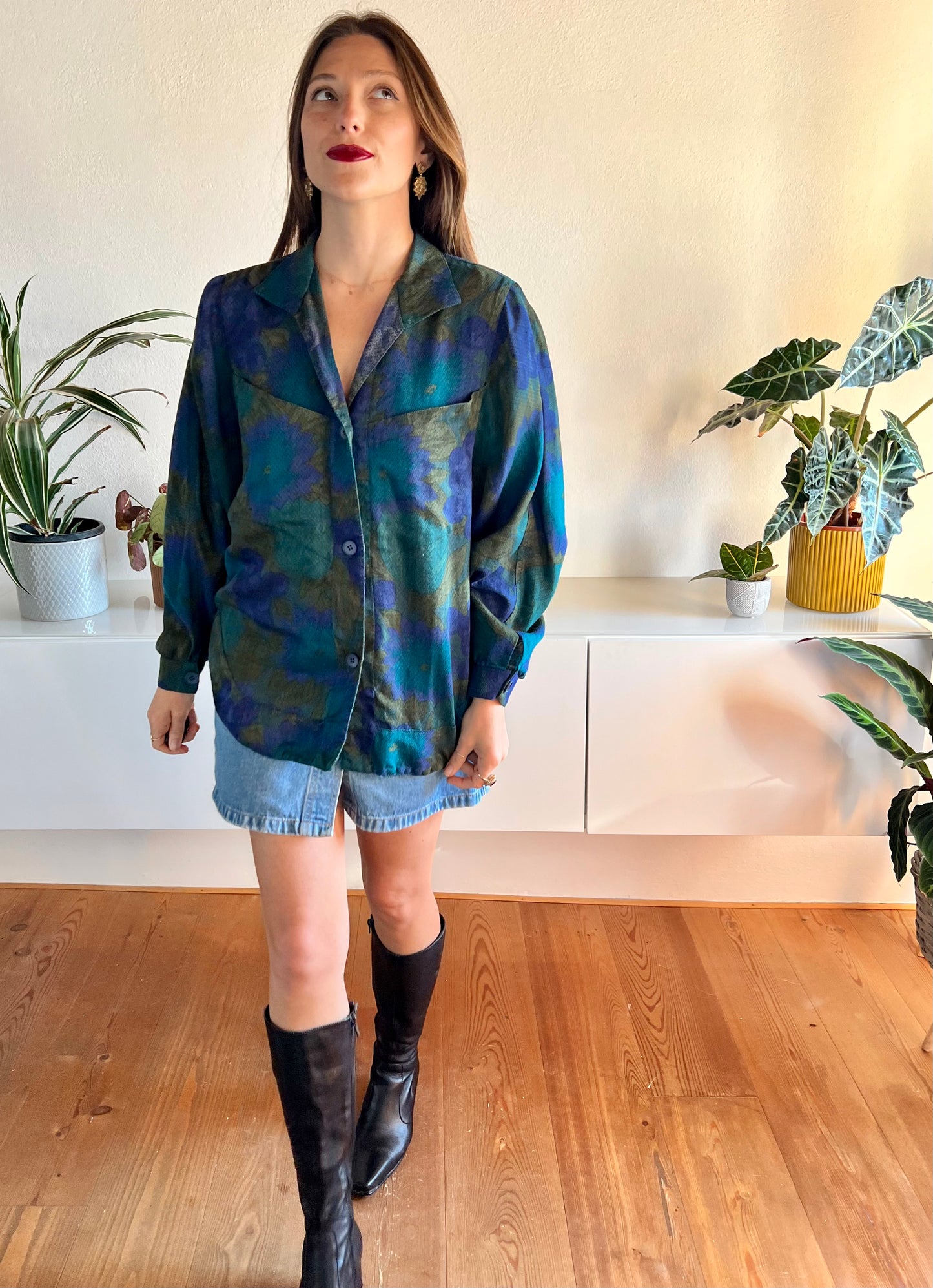 1970's vintage green and blue floral blouse