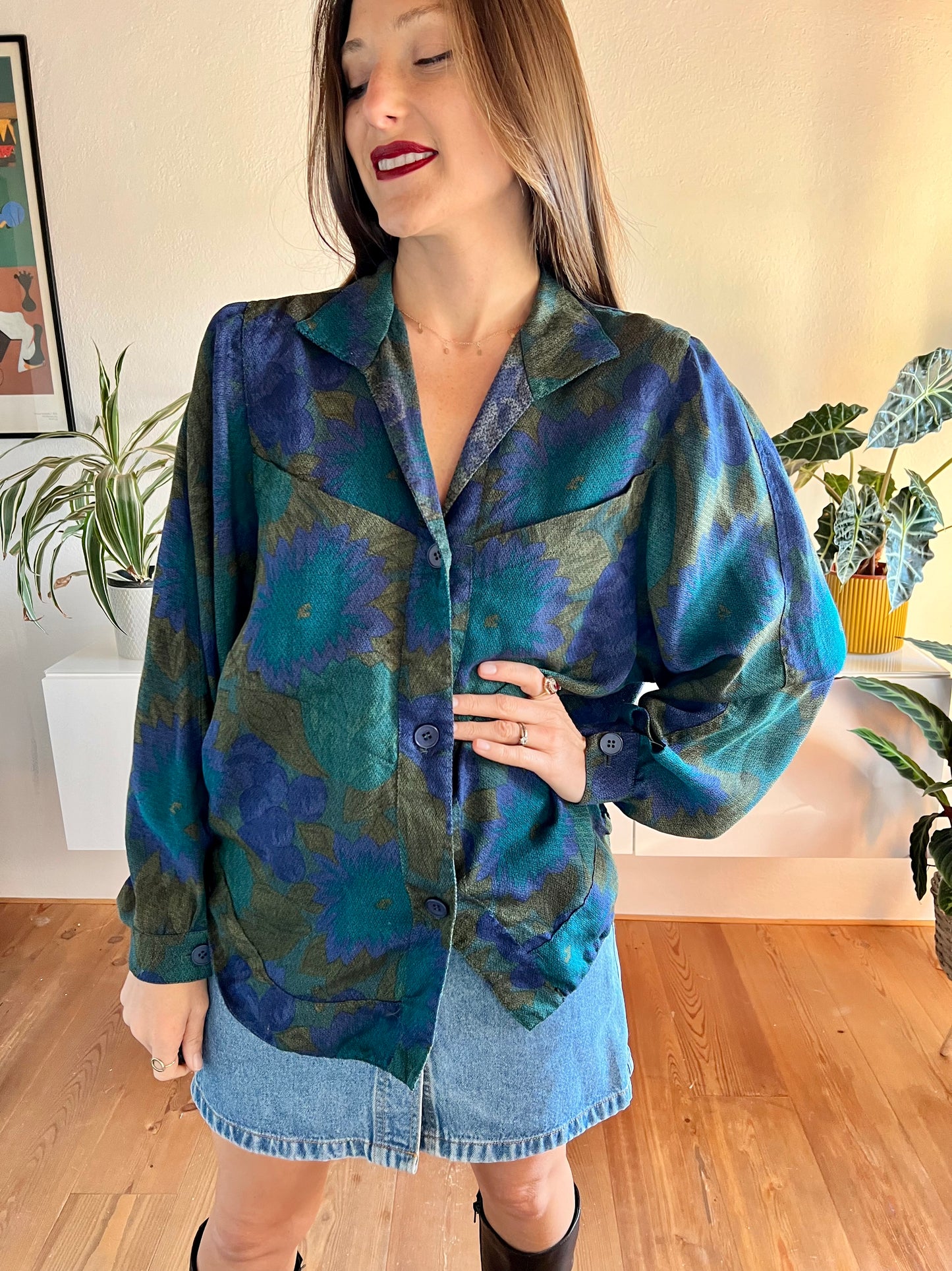 1970's vintage green and blue floral blouse