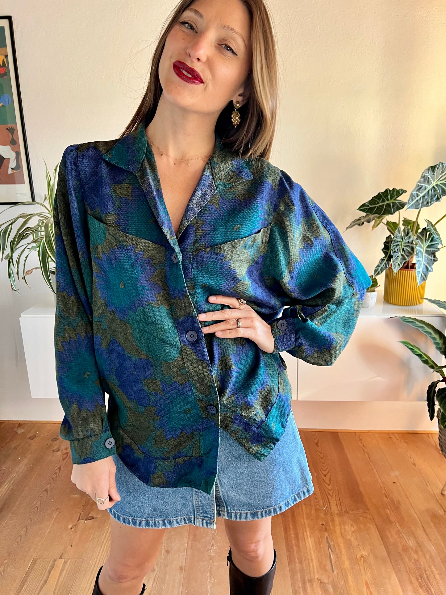 1970's vintage green and blue floral blouse