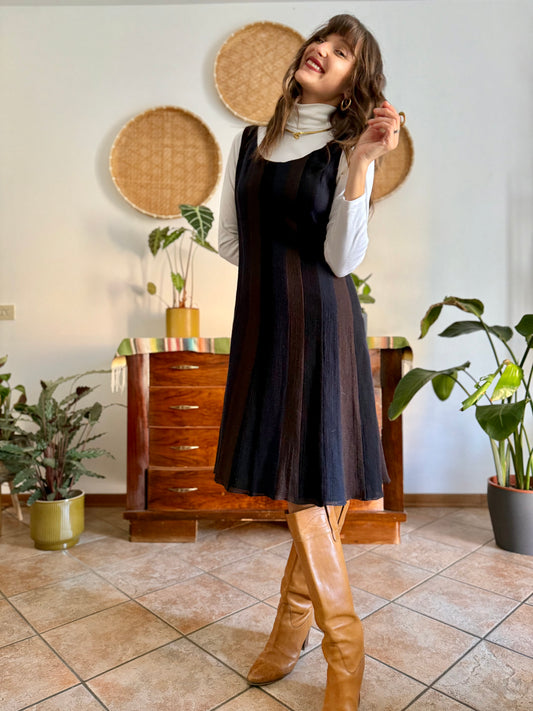 1990's vintage chocolate brown, navy and black stripe wool midi dress