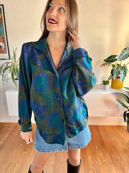 1970's vintage green and blue floral blouse