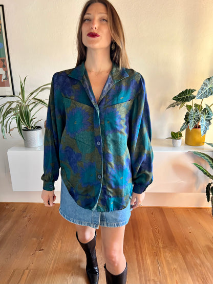 1970's vintage green and blue floral blouse