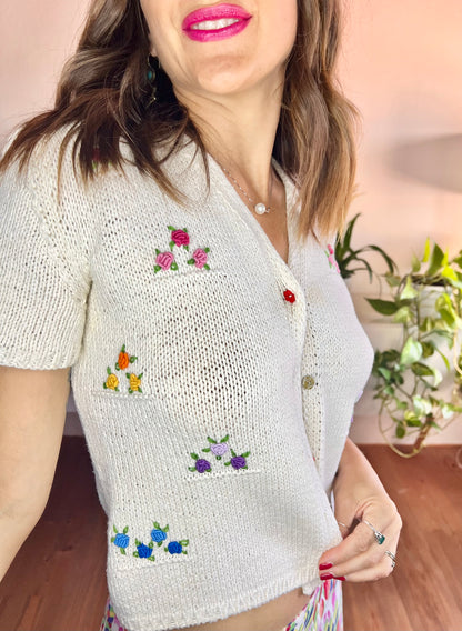 1970's vintage hand knit cream cardigan with rainbow embroidered flowers