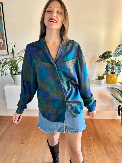 1970's vintage green and blue floral blouse