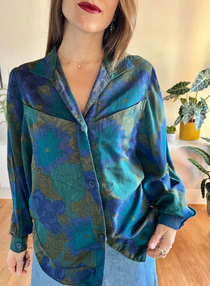 1970's vintage green and blue floral blouse