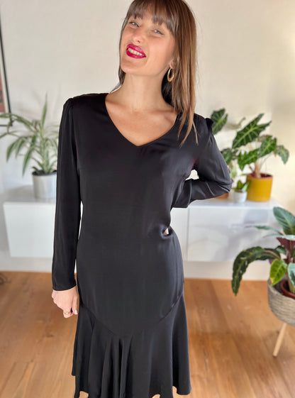 1970's vintage black bias cut midi dress with trumpet ruffle hem