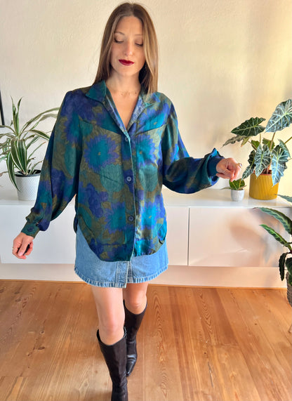 1970's vintage green and blue floral blouse