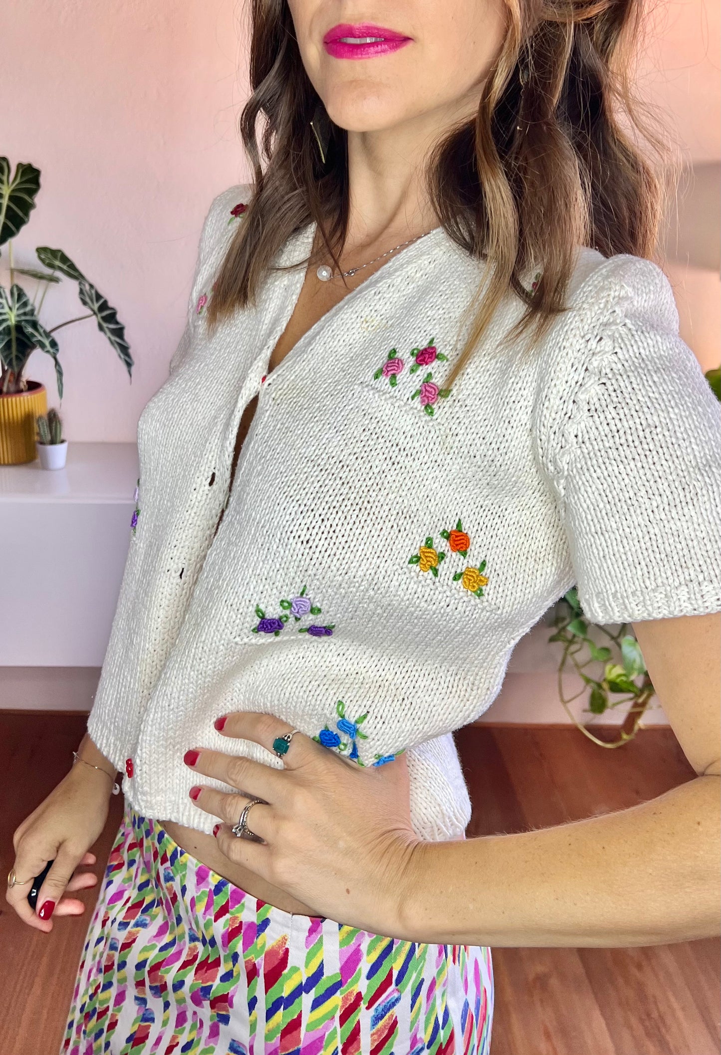 1970's vintage hand knit cream cardigan with rainbow embroidered flowers