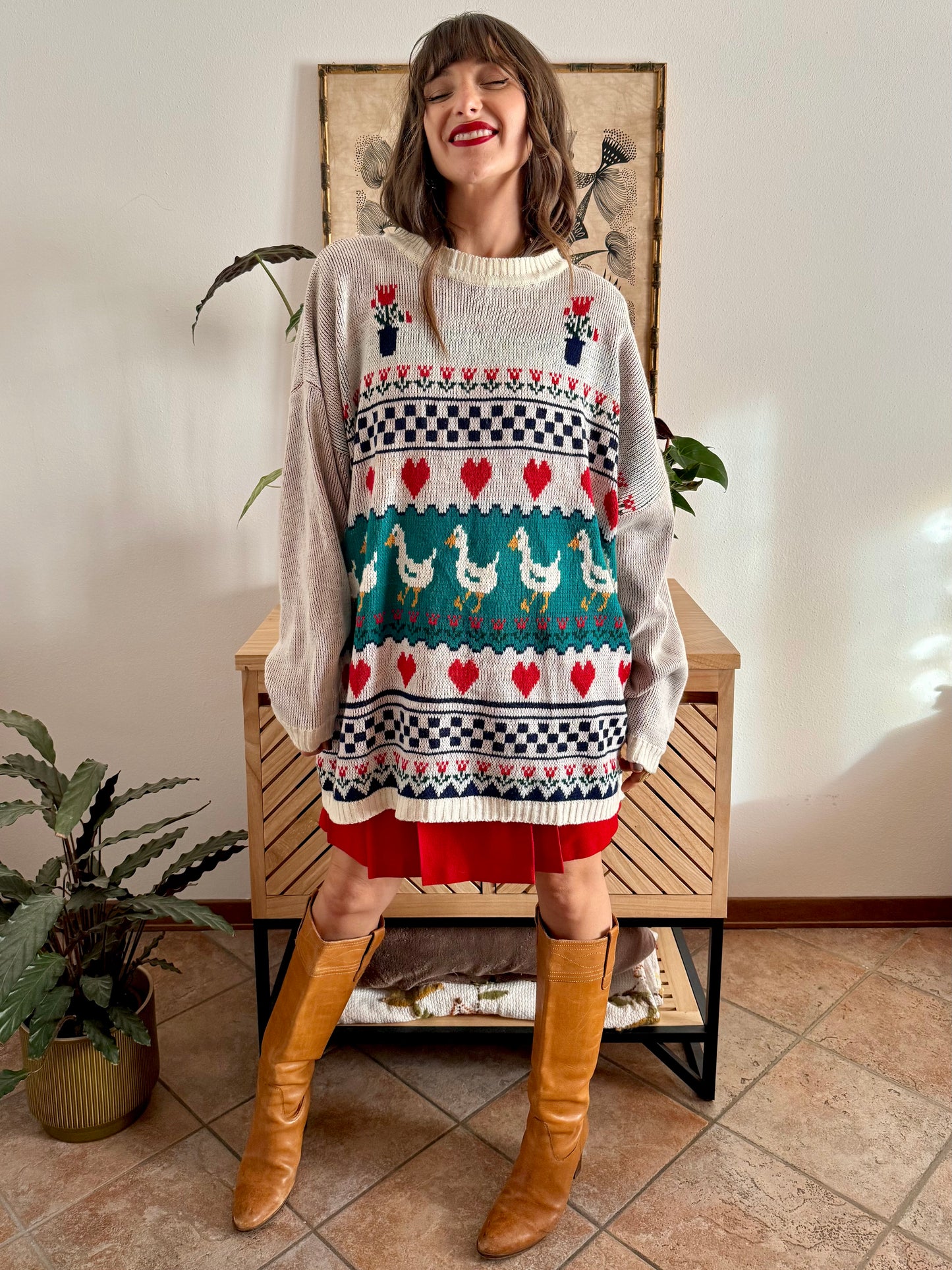 1980's vintage red, green and turquoise duck pattern knit pullover