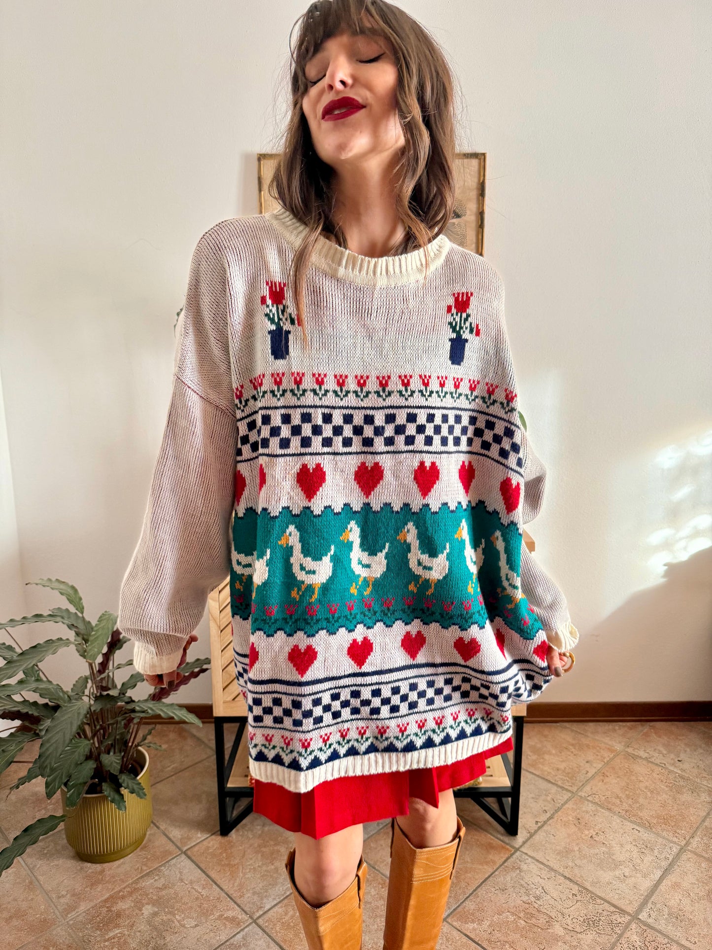 1980's vintage red, green and turquoise duck pattern knit pullover