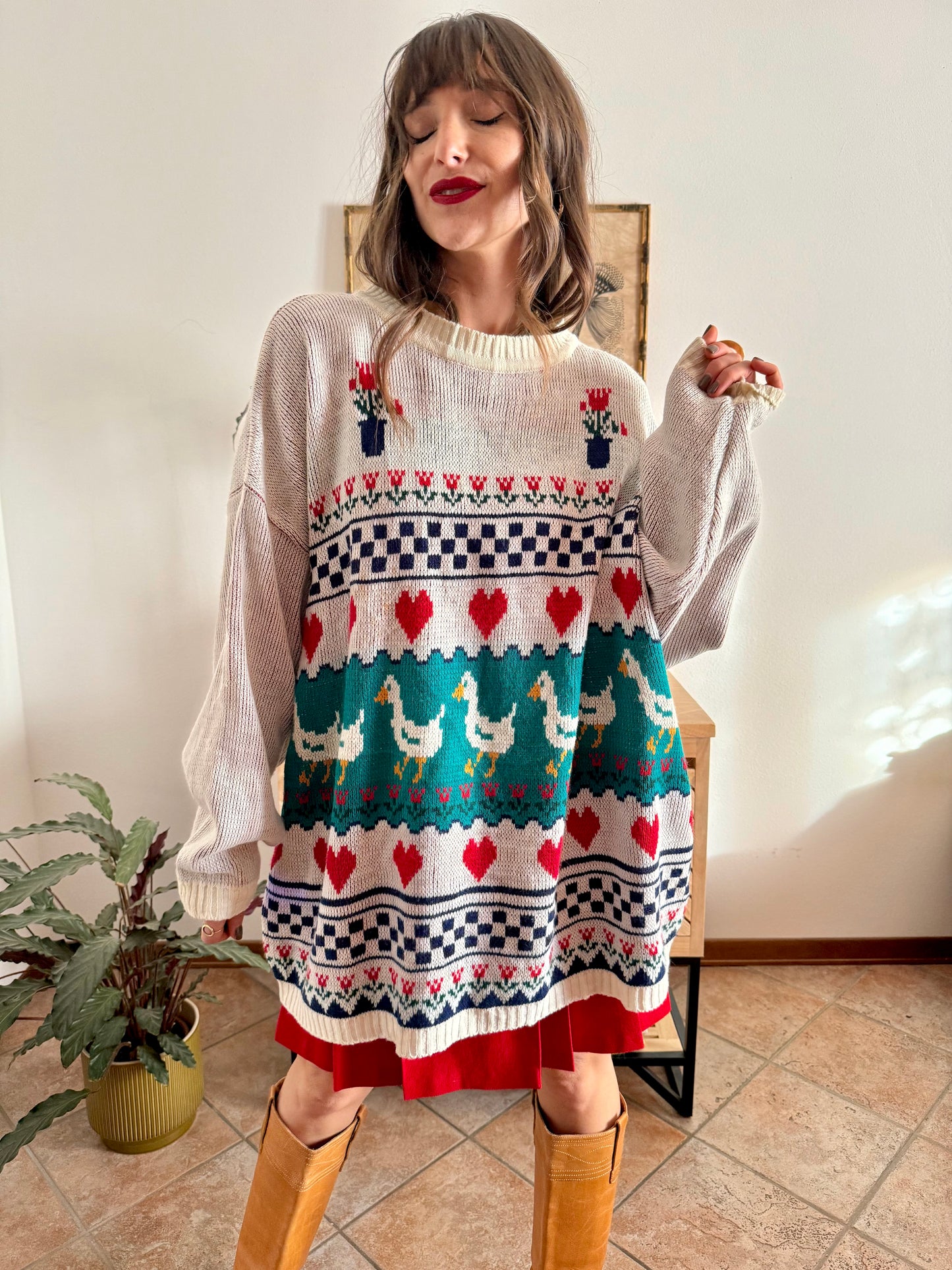 1980's vintage red, green and turquoise duck pattern knit pullover