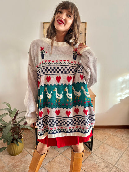 1980's vintage red, green and turquoise duck pattern knit pullover