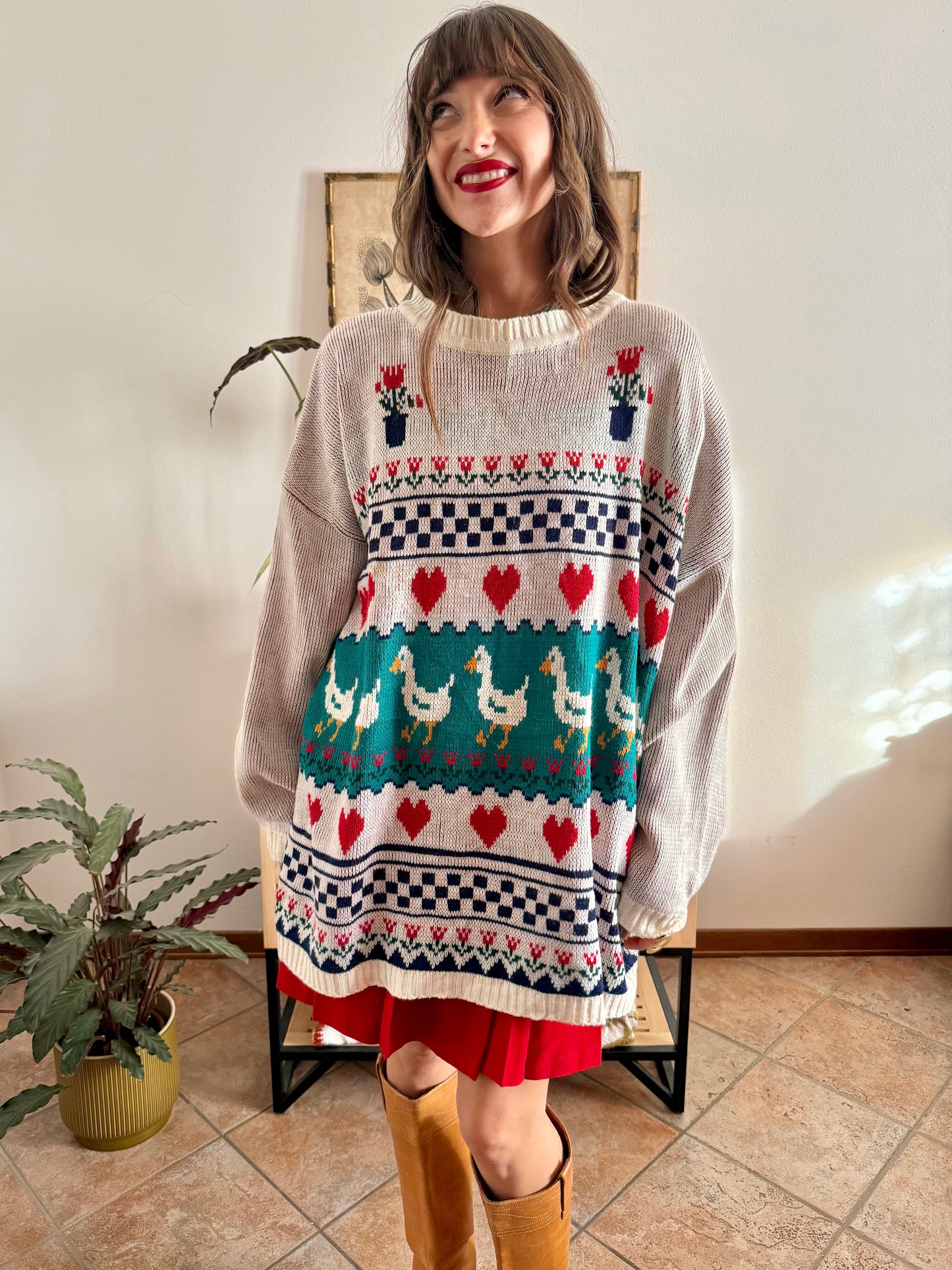 1980's vintage red, green and turquoise duck pattern knit pullover