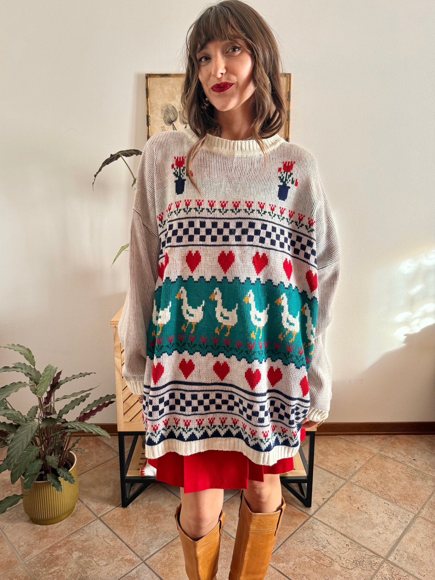 1980's vintage red, green and turquoise duck pattern knit pullover