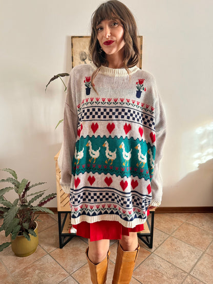 1980's vintage red, green and turquoise duck pattern knit pullover