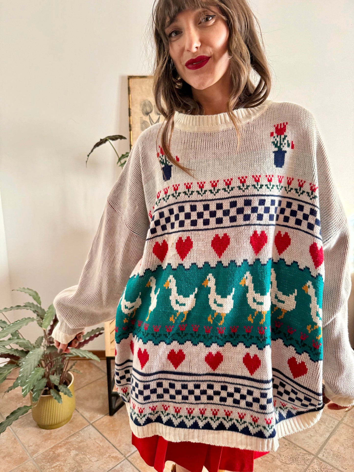 1980's vintage red, green and turquoise duck pattern knit pullover