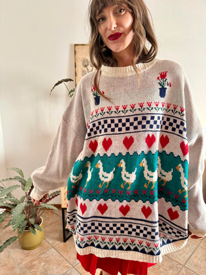 1980's vintage red, green and turquoise duck pattern knit pullover