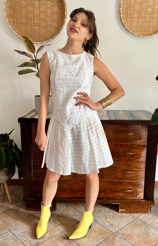 1970's vintage dead stock white semi sheer geometric deign pleated drop waist midi dress