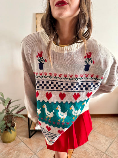 1980's vintage red, green and turquoise duck pattern knit pullover