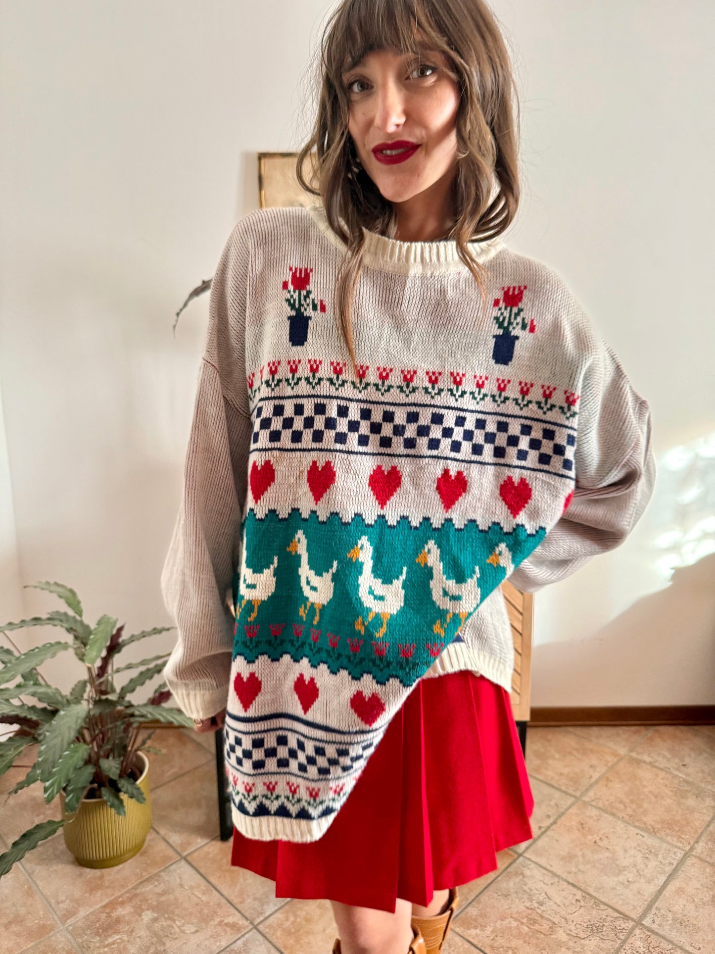 1980's vintage red, green and turquoise duck pattern knit pullover