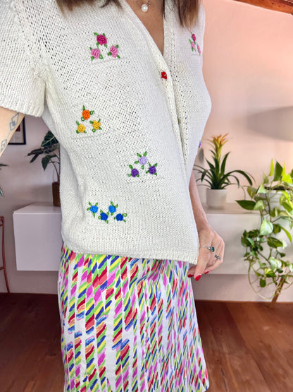 1970's vintage hand knit cream cardigan with rainbow embroidered flowers