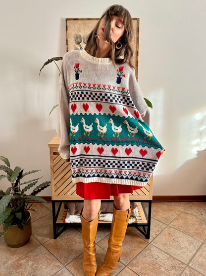 1980's vintage red, green and turquoise duck pattern knit pullover