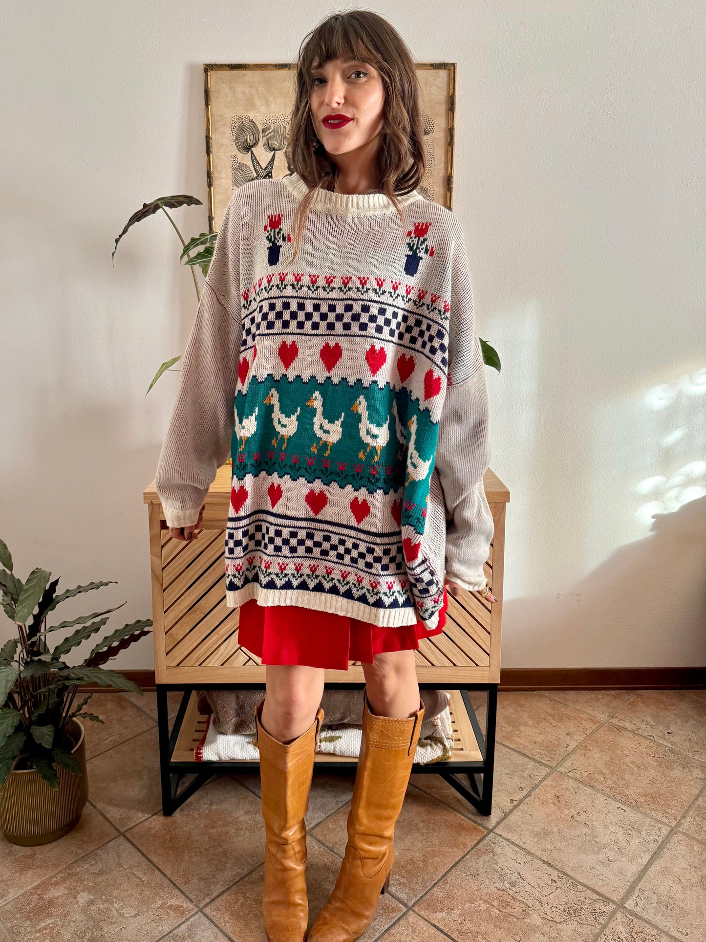 1980's vintage red, green and turquoise duck pattern knit pullover