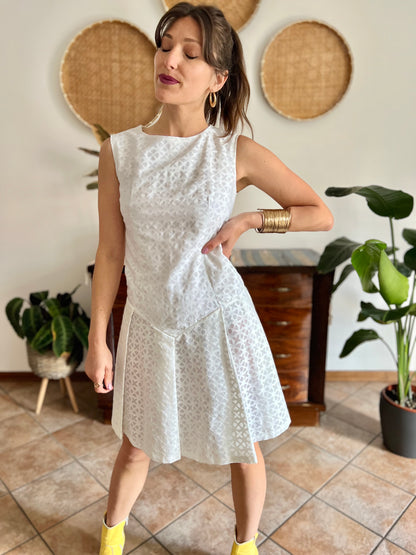 1970's vintage dead stock white semi sheer geometric deign pleated drop waist midi dress