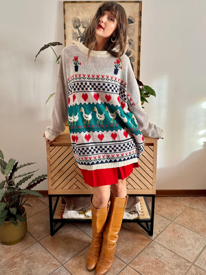 1980's vintage red, green and turquoise duck pattern knit pullover